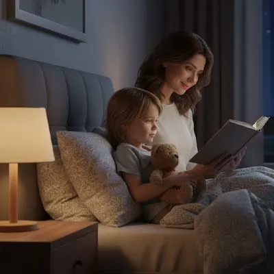 Calm bedtime scene with a book and soft night lighting, perfect for bedtime stories