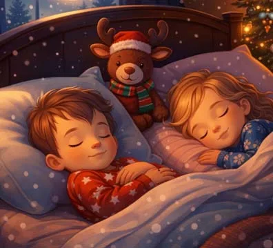 Parent reading a calming sleep story to a child in a peaceful nighttime bedroom