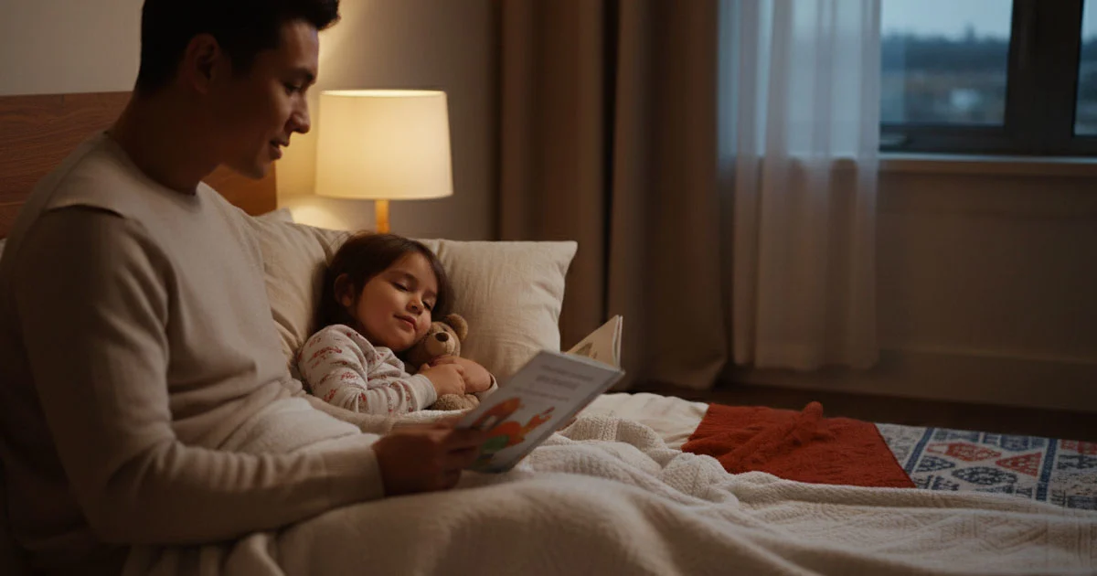Parent reading a short bedtime story to a sleepy child in a cozy bedroom